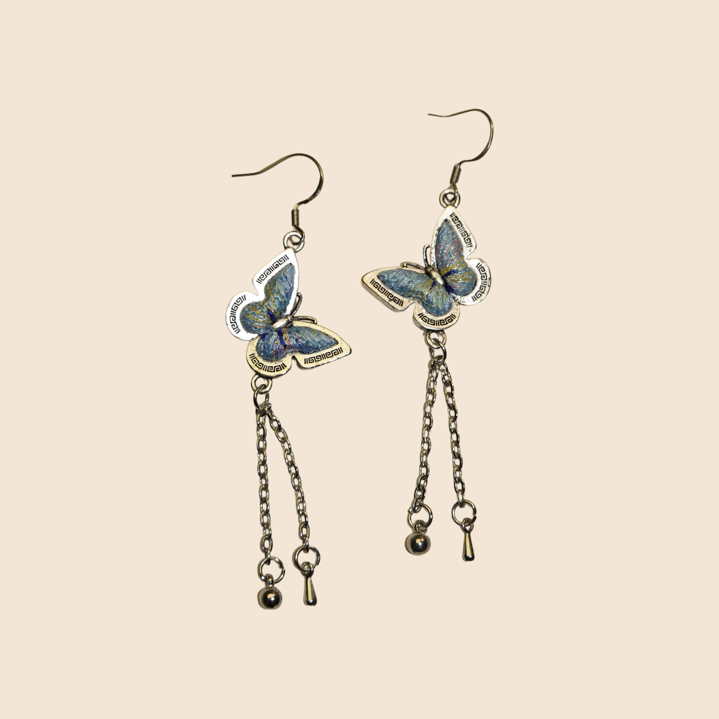 Embroidered Blue Butterfly Silver Earrings