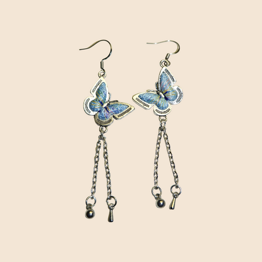 Embroidered Blue Butterfly Silver Earrings